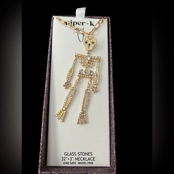 PIPER K Halloween Articulated 32” Glass Stone Crystal Skeleton Necklace NEW NWT - Picture 8 of 8